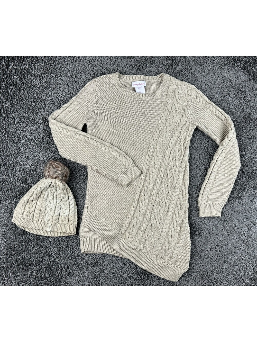 Tommy Bahama Girls M 10-12 Beige Cable Knit Sweater Pom Beanie 2 Piece Set